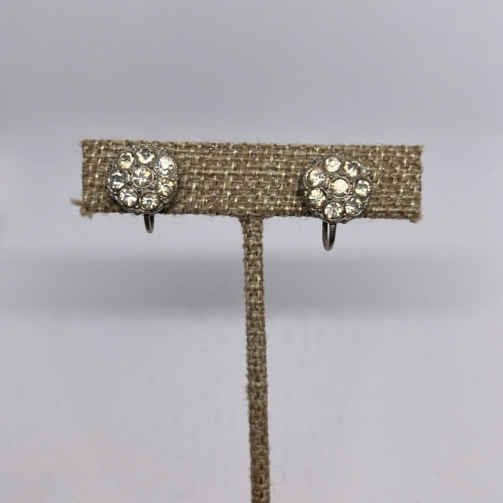 Vintage earrings, screwback rhinestones, Silvertone